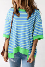 Blue and white striped oversized t-shirt with green trim, ideal for relaxed styling and comfort