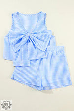 Sky Blue Stripe V Neck Bowknot Crop Tank and Shorts Set - Two Piece Sets/Short Sets