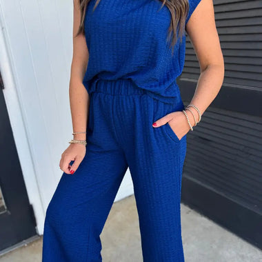 Sky Blue Textured Knit Cap Sleeve T Shirt and Wide Leg Pants Set in blue two-piece pantsuit