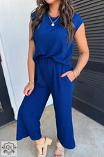 Sky Blue Textured Knit Cap Sleeve T Shirt and Wide Leg Pants Set in blue two-piece pantsuit