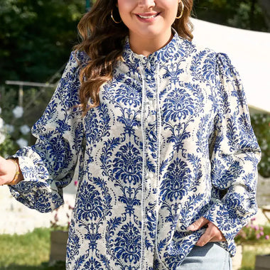 Sky Blue Tribal Pattern Print Notch Neck Buttoned Plus Size Shirt - Sky Blue / 1X / Woven - Plus Size/Plus Size