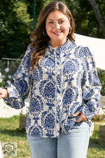 Sky Blue Tribal Pattern Print Notch Neck Buttoned Plus Size Shirt - Sky Blue / 1X / Woven - Plus Size/Plus Size