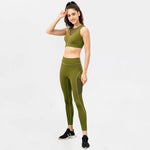 Women Yoga Suit Buckle Sports Bra Nude Feel  Line Tight Trousers Running Training Fitness Two Piece Set - Quality Home Clothing| Beauty