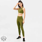 Women Yoga Suit Buckle Sports Bra Nude Feel  Line Tight Trousers Running Training Fitness Two Piece Set - Quality Home Clothing| Beauty