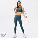 Women Yoga Suit Buckle Sports Bra Nude Feel  Line Tight Trousers Running Training Fitness Two Piece Set - Quality Home Clothing| Beauty