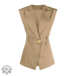 Sleeveless Belted Office Vest - S / Khaki - Clothing