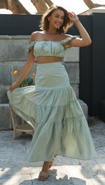 Sleeveless Crop Top & Long Swing Skirt - S / Green - Clothing