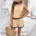 Sleeveless Lace Hem Top & Shorts - S / Apricot - Clothing