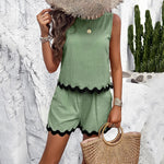 Sleeveless Lace Hem Top & Shorts - S / Green - Clothing