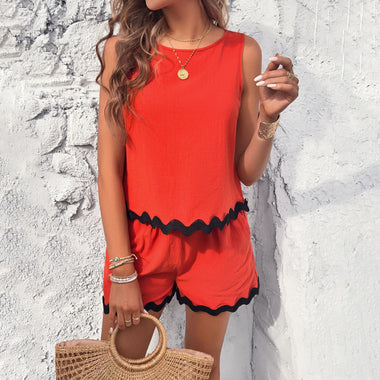 Sleeveless Lace Hem Top & Shorts - Clothing