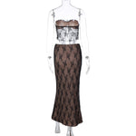 Sleeveless Lace Stitching Top & Midi Skirt Set - Clothing