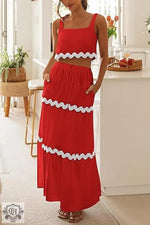 Sleeveless Short Top & High Rise Skirt - S / Red - Clothing