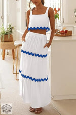 Sleeveless Short Top & High Rise Skirt - S / White and Blue Lace - Clothing