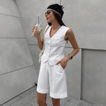 Sleeveless V-Neck Vest & Shorts Set - S / White - Clothing