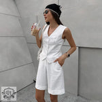 Sleeveless V-Neck Vest & Shorts Set - S / White - Clothing