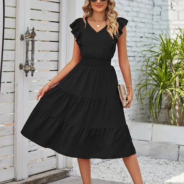 Clothing Wooden Ear Sleeveless V Neck Waist Pleated Dress - Quality Home Clothing| Beauty