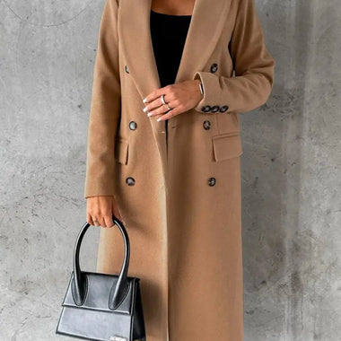 Autumn Winter Women Clothing Long Sleeve Polo Collar Solid Color Double Breasted Slim Fit Coat Overcoat - Quality Home Clothing| Beauty