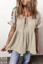 Beige peasant blouse with embroidered sleeves and drawstring neck for size bust hem relax