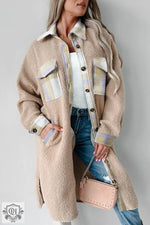 Long beige Sherpa jacket with plaid patchwork accents for a stylish, relaxed look