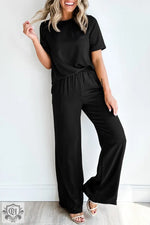 Smoke Gray Solid Color T Shirt 2pcs Wide Leg Pants Set - Black / S / 65% Polyester + 30% Viscose + 5% Elastane - Two