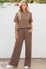 Smoke Gray Solid Color T Shirt 2pcs Wide Leg Pants Set - Smoke Gray / S / 65% Polyester + 30% Viscose + 5% Elastane