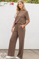 Smoke Gray Solid Color T Shirt 2pcs Wide Leg Pants Set - Two Piece Sets/Pant Sets