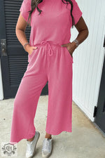 Pink ribbed lounge set featuring Smoke Gray Solid Corded Knit Short Sleeve T Shirt