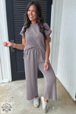 Smoke Gray Solid Corded Knit Short Sleeve T-Shirt and Wide Leg Pants Set for relaxed lounging