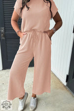 Pleated peach-colored two-piece outfit with Smoke Gray Solid Corded Knit elements