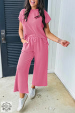 Pink ribbed knit lounge set from Smoke Gray Solid Corded Knit T Shirt and Pants Set