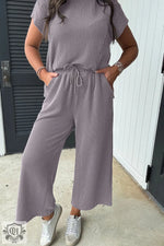 Plissé knit lounge set in Smoke Gray, perfect for relaxing in corded knit comfort