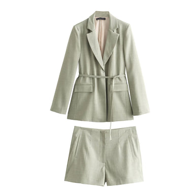 Solid Belted Blazer & Straight Shorts - Clothing