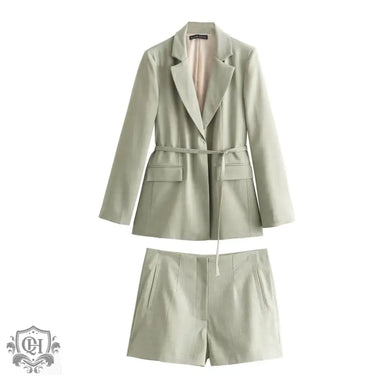 Solid Belted Blazer & Straight Shorts - Clothing