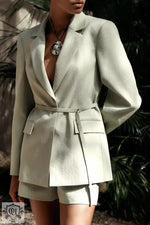 Solid Belted Blazer & Straight Shorts - Clothing