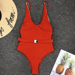 Solid Belted One piece Swimsuit - QH Clothing