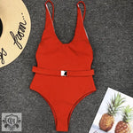 Solid Belted One piece Swimsuit - QH Clothing