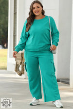 Solid Color Pullover Top and Cargo Pants Set - Two Piece Sets/Pant Sets