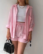 Spring Summer Casual Solid Color Shirt Shorts Two Piece Set Women - Quality Home Clothing| Beauty