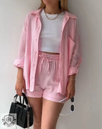 Spring Summer Casual Solid Color Shirt Shorts Two Piece Set Women - Quality Home Clothing| Beauty