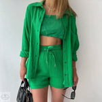 Spring Summer Casual Solid Color Shirt Shorts Two Piece Set Women - Quality Home Clothing| Beauty