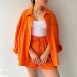 Spring Summer Casual Solid Color Shirt Shorts Two Piece Set Women - Quality Home Clothing| Beauty