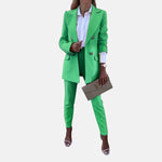 Solid Colour Blazer & Trousers Set - S / Green - Clothing