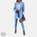 Solid Colour Blazer & Trousers Set - S / skyblue - Clothing