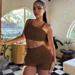 Solid Colour Hip Rise Short Set - S / Brown - Clothing