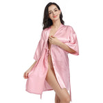 Ladies Robe Artificial Silk Satin Kimono Gown Glossy Solid Color Thin Cardigan Gown Summer Sexy Short Bathrobe - Quality Home Clothing| Beauty