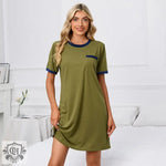 Short Sleeve Solid Color Loose T Shirt Round Neck Pajamas Dress - Quality Home Clothing| Beauty