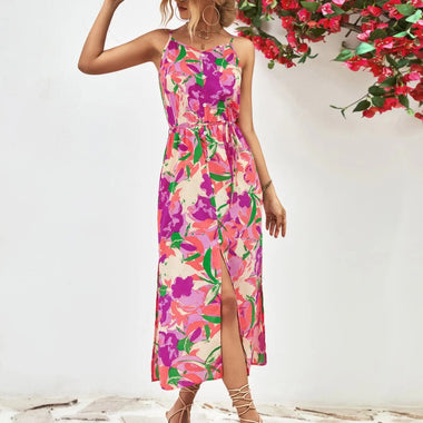 Popular Spaghetti Strap Floral Print Split Dress - Quality Home Clothing| Beauty