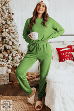 Cozy Spinach Green Long Sleeve Pullover and Jogger Pants Lounge Set for ultimate relax relax