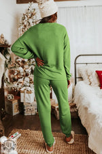 Bright green loungewear set featuring Spinach Green Long Sleeve Pullover and Jogger Pants in euro sizes for ultimate comfort to relax relax