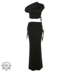 Split Sleeve Top & Maxi Skirt Set - S / Black - Clothing